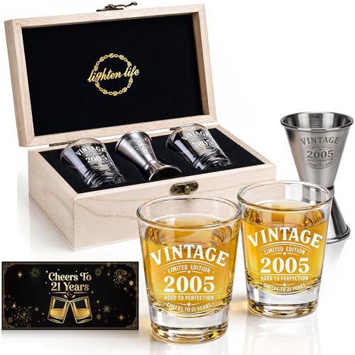 21st Birthday Gifts for Him,2005 Shot Glasses with Wooden Box