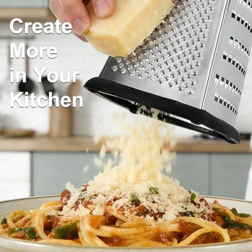 Cheese Grater, Handheld Box Grater with Container & Lid, 4-Sided Stainless Steel for Kitchen, Wavy Julienne, Slicer, Coarse Shred & Fine Zester, Non-Slip Base, Dishwasher Safe, 8 Inch - view 6
