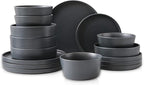 Stone Lain Celina Stoneware 16-Piece Dinnerware Set, Cereal and Dinner Bowls, Grey