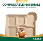 JOLLY CHEF Compostable 5 Compartment Paper Plates 10 * 8.25 * 1 inch 125 Pack Small Disposable Eco-Friendly Biodegradable Food Trays for Primary and Secondary School Students’ Lunch (Brown)