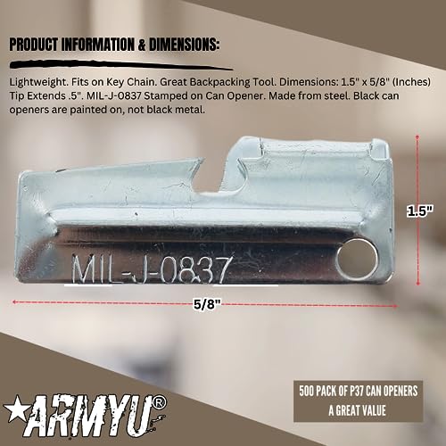 ARMYU P-38 Metal Can Openers Steel Army Style P38 Mil-J-0837 Compact Travel Size, Silver (500 Pack) - view 2