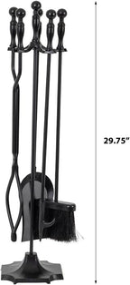Modern Ember Cascade 5 Piece Fireplace Tool Set in Black | Includes Brush, Shovel, Fire Poker, Tongs, and Stand | Heavy Guage, Coated Steel | Heat-Resistant Plating | Sleek Rounded Handles