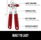 GORILLA GRIP Heavy Duty Stainless Steel Smooth Edge Manual Can Opener and Bottle Openers, Soft Comfortable Handle, Oversized Handheld Turn Knob, US Designed Multifunctional Kitchen Tool, Red