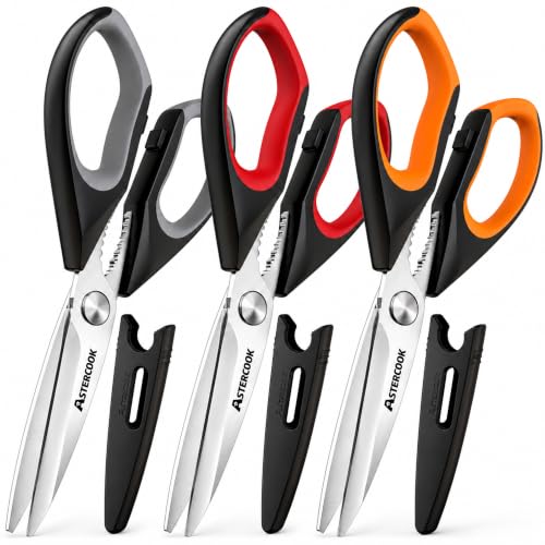 Kitchen Scissors, 3-Pack Heavy Duty Kitchen Shears with Stainless Steel Blades for Meat, Poultry, Herbs, Vegetables and Packaging, Dishwasher Safe Seafood Tools