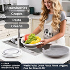 Collapsible Colander Set with Oversized Draining Tray | 3-Pack Foldable Kitchen Strainers + Base | Space Saving for Pasta, Veggies, Fruit & Rice | 5 Colors (Gray-White) - view 4