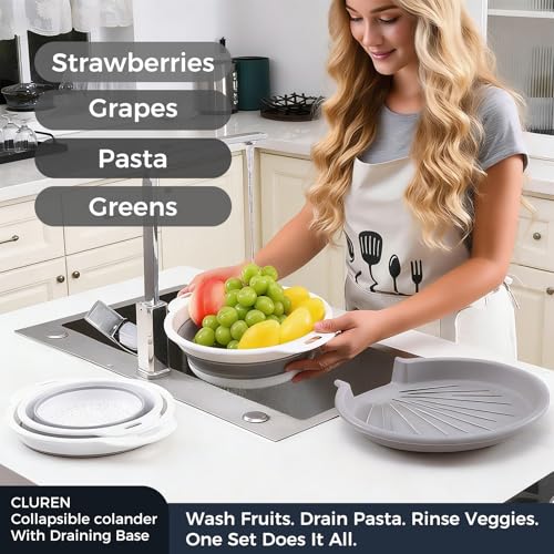 Collapsible Colander Set with Oversized Draining Tray | 3-Pack Foldable Kitchen Strainers + Base | Space Saving for Pasta, Veggies, Fruit & Rice | 5 Colors (Gray-White) - view 4