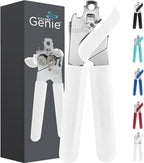 Kitchen Genie Heavy Duty Stainless Steel Manual Can Opener, Sharp Blade for Smooth Edge Cuts, Open Cans Easily, Slip-Resistant Ergonomic Handle, Easy to Turn Hand Knob, Built-In Bottle Openers, White