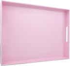 Pink Serving Tray for Coffee Table, Rectangular Plastic Decorative Tray with Handles for Entertaining, Outdoor Patio, Living Room, Ottoman, Bathroom Counter, 11.8”*15.7”*1.6”