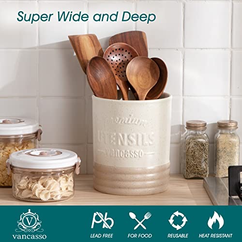 Sabine Ceramic Utensil Holder for Kitchen Counter, 7.2" Large Utensil Crock, Matte Cream Farmhouse Kitchen Utensil Holder, Countertop Organizer for Spoons, Spatulas and Cooking Tools - view 4