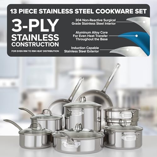 3-Ply Pots and Pans Set, 13 Piece Stainless Steel Cookware, Glass Lids, Strainer, Silver - view 2