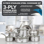 3-Ply Pots and Pans Set, 13 Piece Stainless Steel Cookware, Glass Lids, Strainer, Silver - view 2