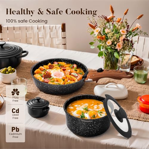 Removable Handle Induction Pots and Pans Set - 10 Piece Non-stick Cookware Sets, Black Granite Stackable RV Cookware for Camp - view 5