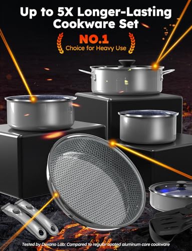 Pro Ceramic Pots and Pans Set & 2026 Upgraded Hybrid 3-Ply Stainless Steel Frypan, 2X Non Stick, High Heat Sear, PFAS PTFE PFOA Free Non Toxic Induction Cookware,Removable Handle,Oven Safe,12PC - view 2