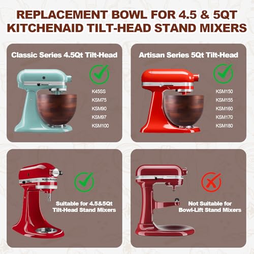 Premium Wood Mixing Bowl for K45 KSM150, 4.5&5 Qt Tilt-Head Models - view 4