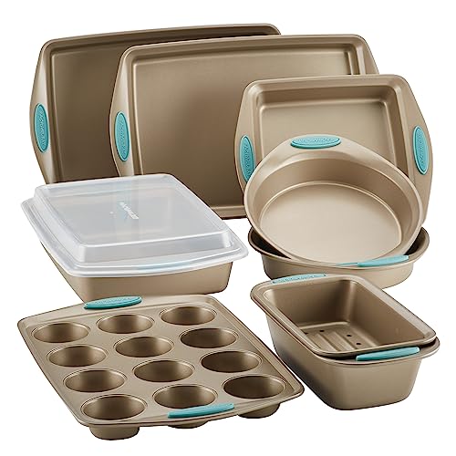 47578 Cucina Nonstick Bakeware Set with Grips Includes Nonstick Bread Pan, Baking Sheet, Cookie Sheet, Baking Pans, Cake Pan and Muffin Pan - 10 Piece, Latte Brown with Agave Blue Grips