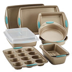 47578 Cucina Nonstick Bakeware Set with Grips Includes Nonstick Bread Pan, Baking Sheet, Cookie Sheet, Baking Pans, Cake Pan and Muffin Pan - 10 Piece, Latte Brown with Agave Blue Grips