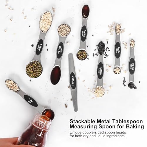 Magnetic Measuring Spoons Set Stainless Steel with Leveler, Stackable Metal Tablespoon Measure Spoon for Baking, Cups and Spoon Set Kitchen Gadgets Apartment Essentials Fits in Spice Jars - view 5