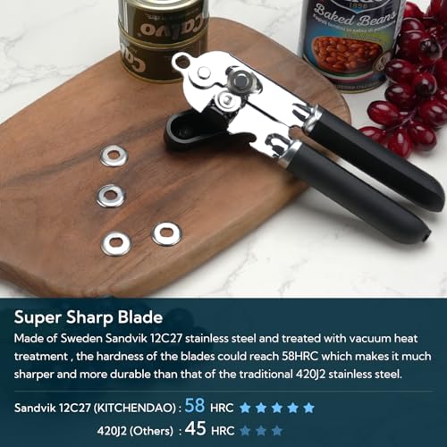Manual Can Opener, Super Sharp Sandvik 12C27 Blade, Handheld Can Opener with Magnet, Smooth Edge Cut, Soft Grip, Oversized Knob for Seniors & Arthritis, Easy to Use, Black - view 2