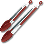 Red Stainless Steel Tongs Heat Resistant Kitchen Tongs Set - 9" & 12" Inch, BBQ Tongs with Silicone Tip, Strong Grip for Cooking, Salad Tossing, Air Fryer, & Grill Tongs- Pull Lock, Red - Set of 2