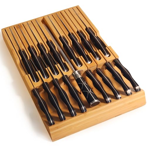 In-Drawer Bamboo Knife Block Holds 16 Knives (Not Included) Without Pointing Up PLUS a Slot for your Knife Sharpener! Knife Organizer Made from Quality Moso Bamboo