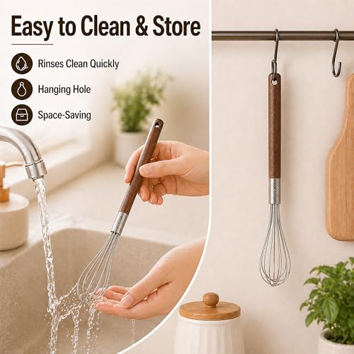 Mini Whisk 10 Inch, 304 Stainless Steel Small Wire Whisk with Walnut Wood Handle, Hand Egg Beater for Cooking, Baking, Mixing Eggs, Coffee, Sauces, Dressing and Gravy, 1 Count - view 6