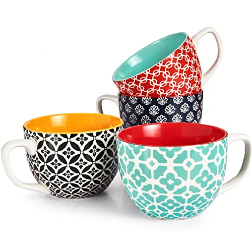 24 OZ Boho Mosaic Soup Mugs with Handle, Large Coffee Mugs Set of 4