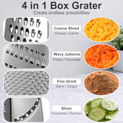 Cheese Grater, Handheld Box Grater with Container & Lid, 4-Sided Stainless Steel for Kitchen, Wavy Julienne, Slicer, Coarse Shred & Fine Zester, Non-Slip Base, Dishwasher Safe, 8 Inch - view 3