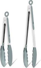 TeamFar Kitchen Tongs, 9" and 12" Stainless Steel Cooking Tongs with Silicone Tips for Cooking Grilling Serving & BBQ, Heat Resistant Silicone Tongs, Locking Design & Dishwasher Safe, Set of 2 & Grey