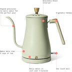 Beautiful 1L Electric Gooseneck Kettle, Precision Pour Spout, 1200W Fast Boil, Auto Shut-Off, Cordless, Stainless Steel, Tea & Coffee Maker with Ergonomic Handle, Matte Finish (Sage Green)