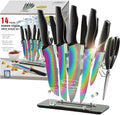 Knife Block Set,14-Piece Rainbow Color Stainless Steel Knife Sets for Kitchen with block, KYA35 Chef Cooking Knives Set with Acrylic Stand
