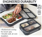 Bento Lunch Box with Bag and Ice Pack Set | Bento Box Adult Lunch Box | 3 Compartment Boxes, Insulated Bags for Work School | Containers for Teens Adults Boys Kids Lunches | Grey Black Large Kit