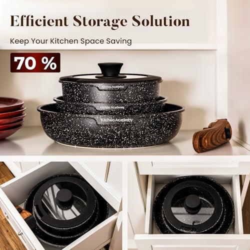 Removable Handle Induction Pots and Pans Set - 10 Piece Non-stick Cookware Sets, Black Granite Stackable RV Cookware for Camp - view 3