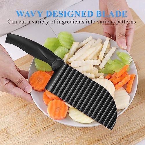 Crinkle Potato Cutter 2.9" x 11.8" Stainless Steel Waves French Fries Slicer Handheld Chipper Chopper, Vegetable Salad Chopping Knife Home Kitchen Wavy Blade Cutting Tool, Black (1 Pack) - view 6