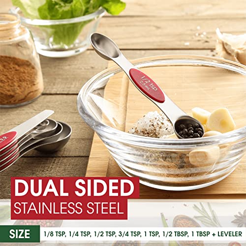 Stainless Steel Magnetic Measuring Spoons Set of 8, Red - view 4