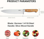 8 Inch Chef Knife, 1.4116 German High Carbon Steel Chef's Knife, Chefs Knife with Ergonomic Olive Wood Handle, Professional Full Tang Kitchen Knife with Gift Box