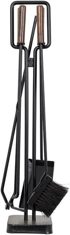 Modern Ember Levi 5 Piece Fireplace Tool Set in Black with Walnut Wood Handles | Includes Brush, Shovel, Fire Poker, Tongs, and Stand | Heavy-Duty Steel | Heat-Resistant Powder Coating