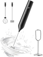 Rechargeable Milk Frother with Stand, Electric Frother Wand Handheld Coffee Foam Maker Detachable Stainless Steel Whisk Drink Mixer Foamer for Latte, Cappuccino, Hot Chocolate, Egg (Black)