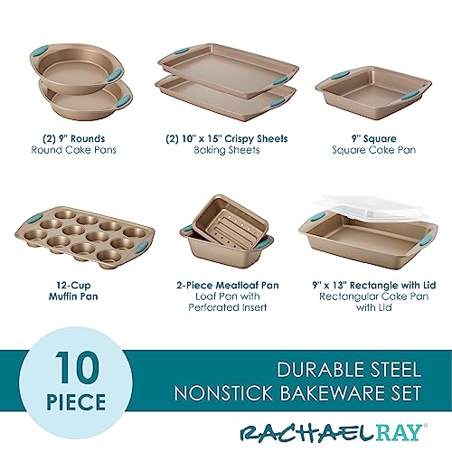 47578 Cucina Nonstick Bakeware Set with Grips Includes Nonstick Bread Pan, Baking Sheet, Cookie Sheet, Baking Pans, Cake Pan and Muffin Pan - 10 Piece, Latte Brown with Agave Blue Grips - view 2