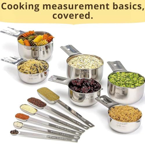 Measuring Cups & Spoons Set of 12, 18/08 Stainless Steel Kitchen Gadgets, Stackable Design with Long Handle Spoons, Fits in Spice Jars, Cooking & Baking Set for Dry & Liquid - view 3