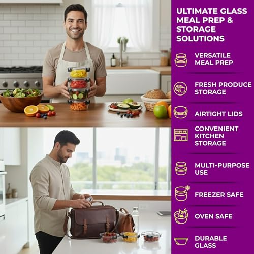 Glass Food Storage Containers Bowls with Airtight Snap Locking Lids for Meal Prep Leftovers Baking Lunch Boxes Dish (Black, 22oz Round 4 Pack) - view 3