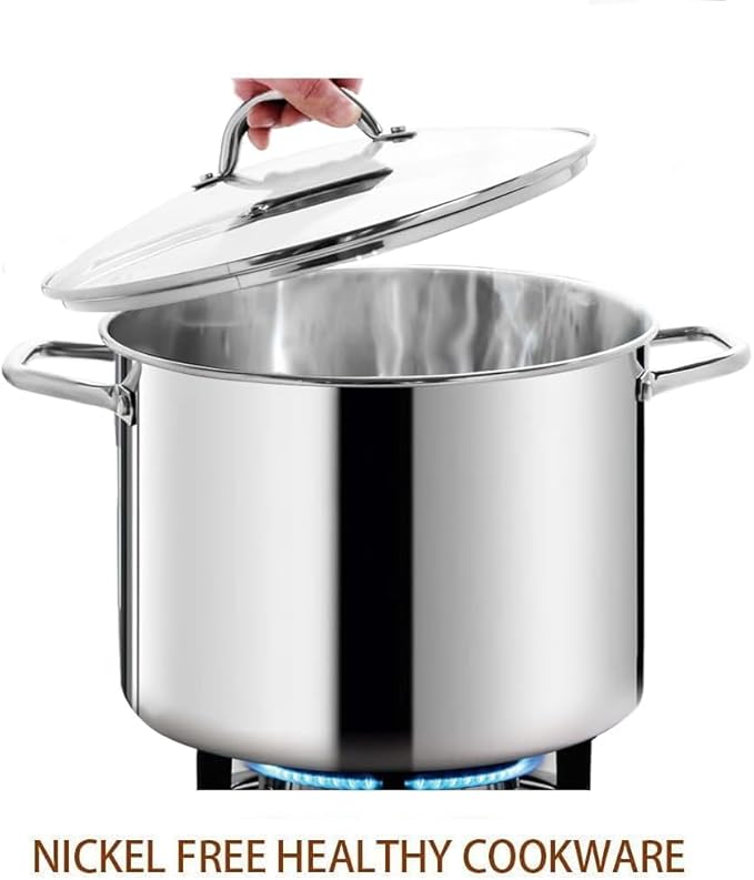 HOMICHEF 12 Quart LARGE Stock Pot with Glass Lid - NICKEL FREE Stainless Steel Healthy Cookware Stockpots with Lids 12 Quart - Mirror Polished Induction Pot - Commercial Grade Soup Cooking Pot