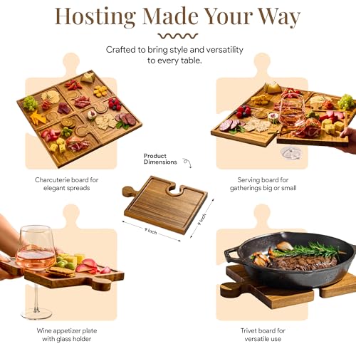 Wooden Charcuterie Boards, Appetizer Tray for Parties & Cutting Board with Handle, Set of 4, Acacia Wood Board, Wine Gifts, Wine Accessories, Interlocking Puzzle Serving Tray w/Storage Box - view 2