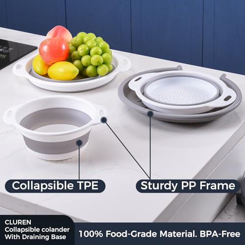 Collapsible Colander Set with Oversized Draining Tray | 3-Pack Foldable Kitchen Strainers + Base | Space Saving for Pasta, Veggies, Fruit & Rice | 5 Colors (Gray-White) - view 5