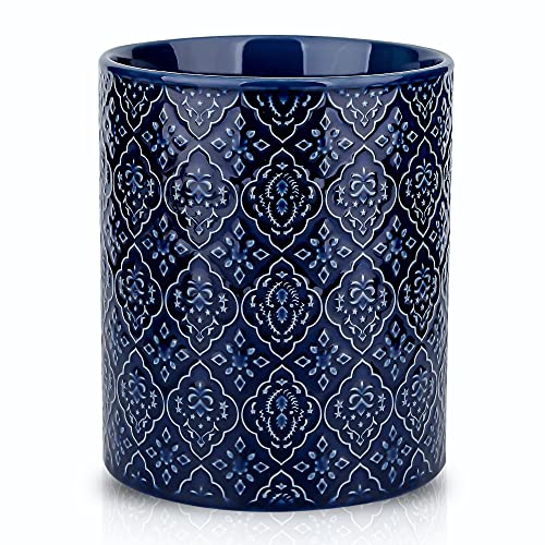 Kitchen Utensil Holder, Large Utensil Holders for Countertop, 6 x 7 Inches Ceramic Utensil Crock, Deep and Stable, Cooking Utensil Holder, Embossed Pattern (BLue)