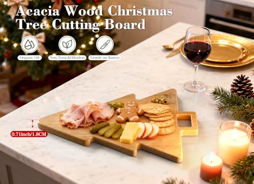 Acacia Wood Christmas Tree Cutting Board 15x12 Inch Charcuterie Board with Handle, Xmas Cheese Appetizer Tray, Wooden Decorative Serving Platter for Holiday Kitchen Party - view 3
