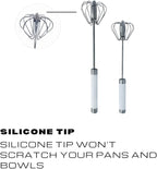 Stainless Steel Push Whisk - Easy to Use Manual Hand Mixer & Plunger Whisk - Make Froth, Foam & Whipped Cream - Semi Auto Egg Beater Plastic Tip Won’t Scratch Pans (2 Pack 10in & 12in) WHITE