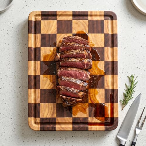 Checkered Cutting Board for Kitchen, 15"x10.4"x1.2" End Grain Cutting Board, Solid Ebony and Rubberwood Butcher Block Cutting Board with Juice Groove, Reversible Wooden Charcuterie Board - view 3