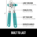 GORILLA GRIP Heavy Duty Stainless Steel Smooth Edge Manual Can Opener and Bottle Openers, Soft Comfortable Handle, Oversized Handheld Turn Knob, US Designed Multifunctional Kitchen Tool, Turquoise