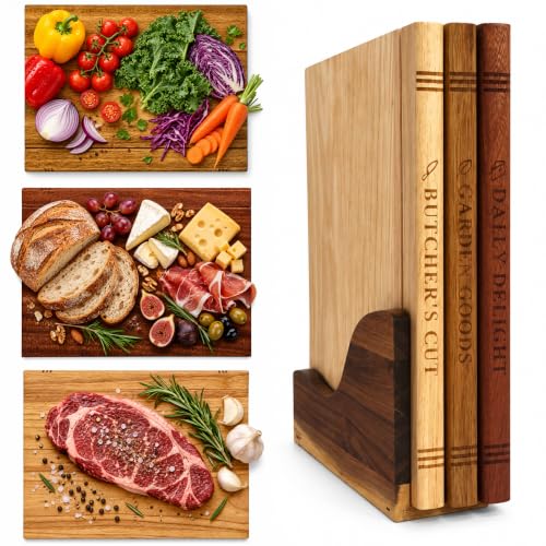 Book Cutting Board Set of 3 with Stand, Decorative Wooden Cutting Boards