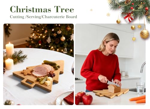 Acacia Wood Christmas Tree Cutting Board 15x12 Inch Charcuterie Board with Handle, Xmas Cheese Appetizer Tray, Wooden Decorative Serving Platter for Holiday Kitchen Party - view 6